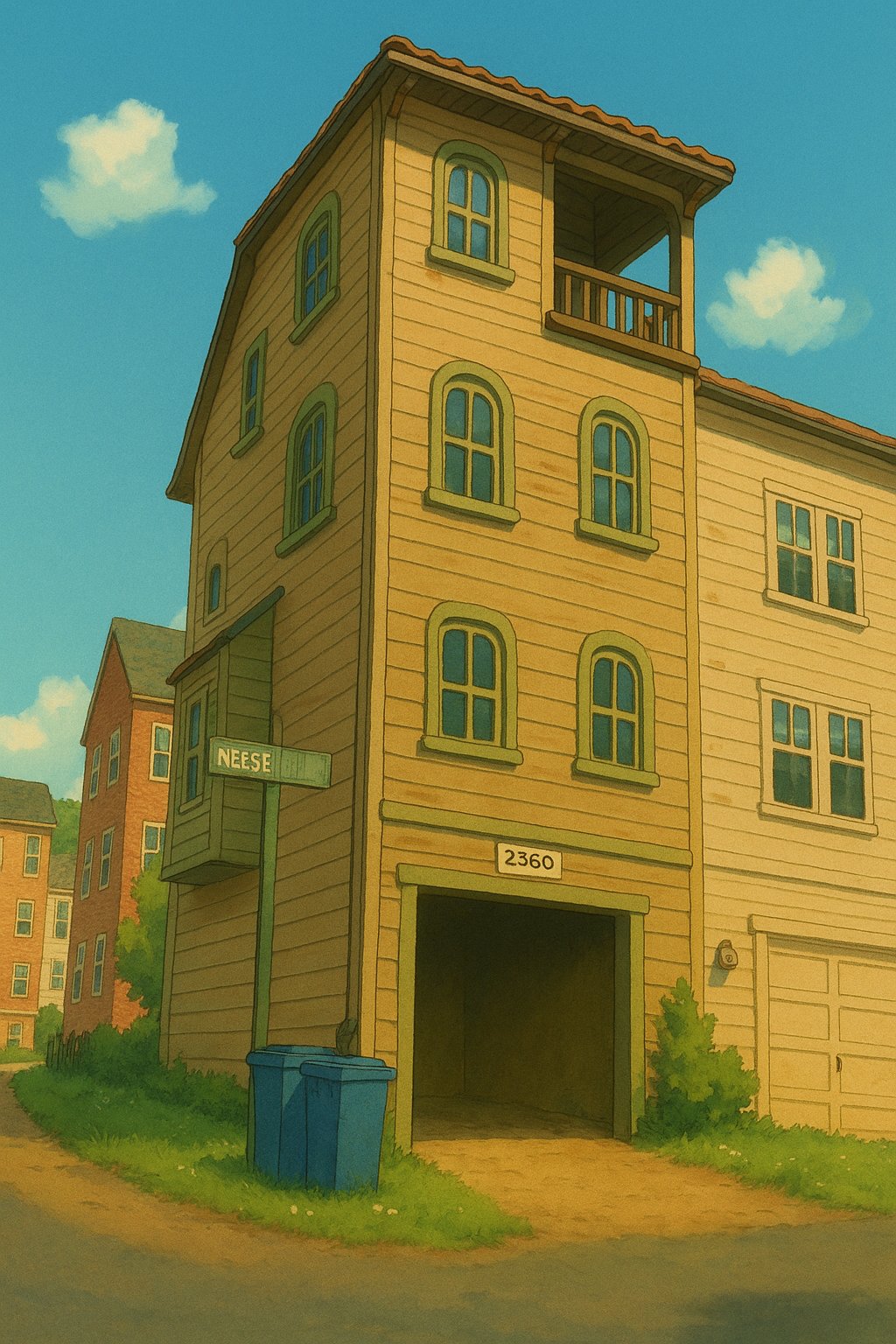 Illustration of the Finniak Brewing garage: a tall wooden building with an open garage door