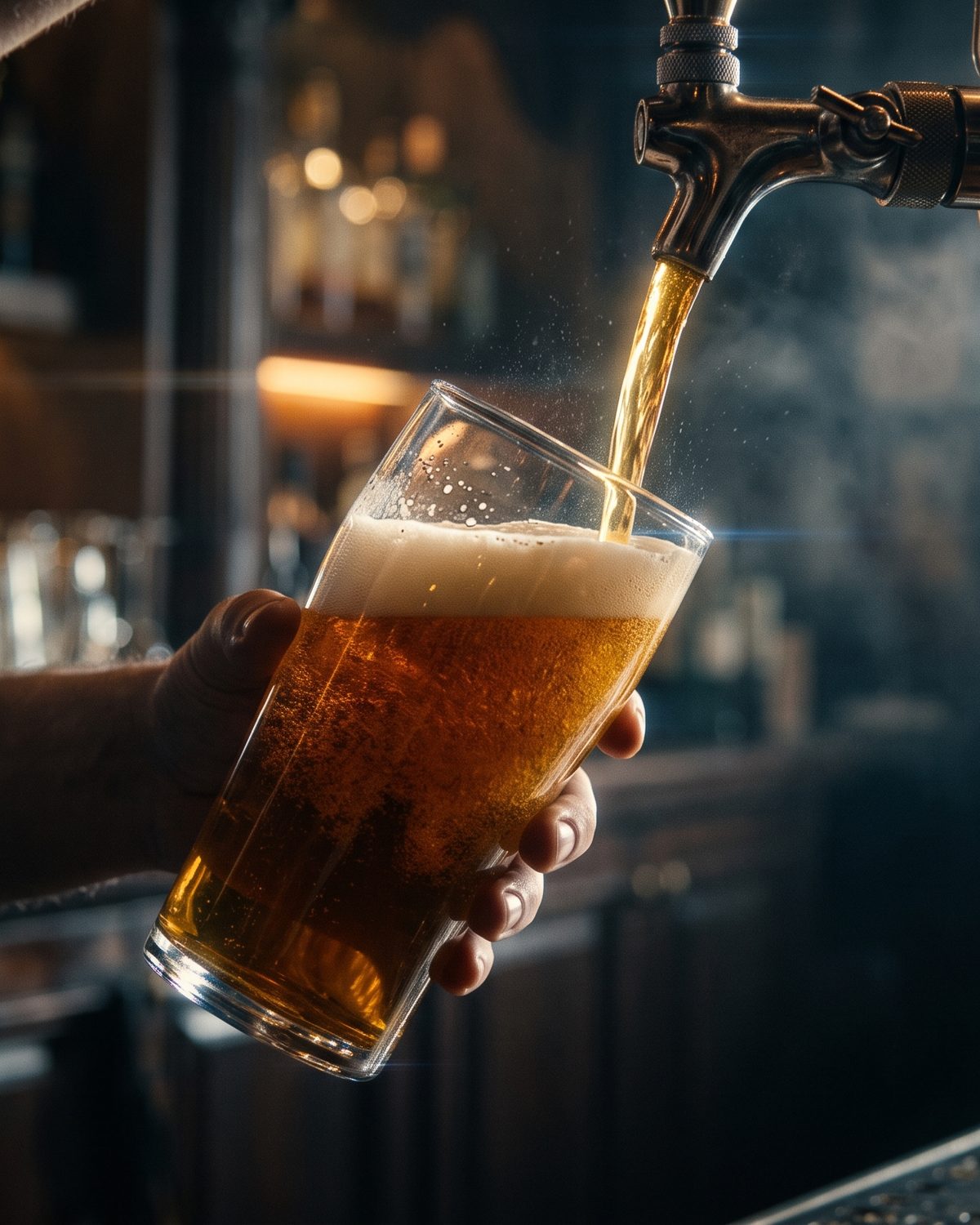 A pint of amber beer being poured from a tap